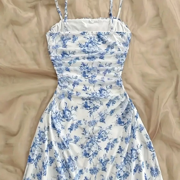 Blue and White Floral Midi Dress - Picture 2 of 7